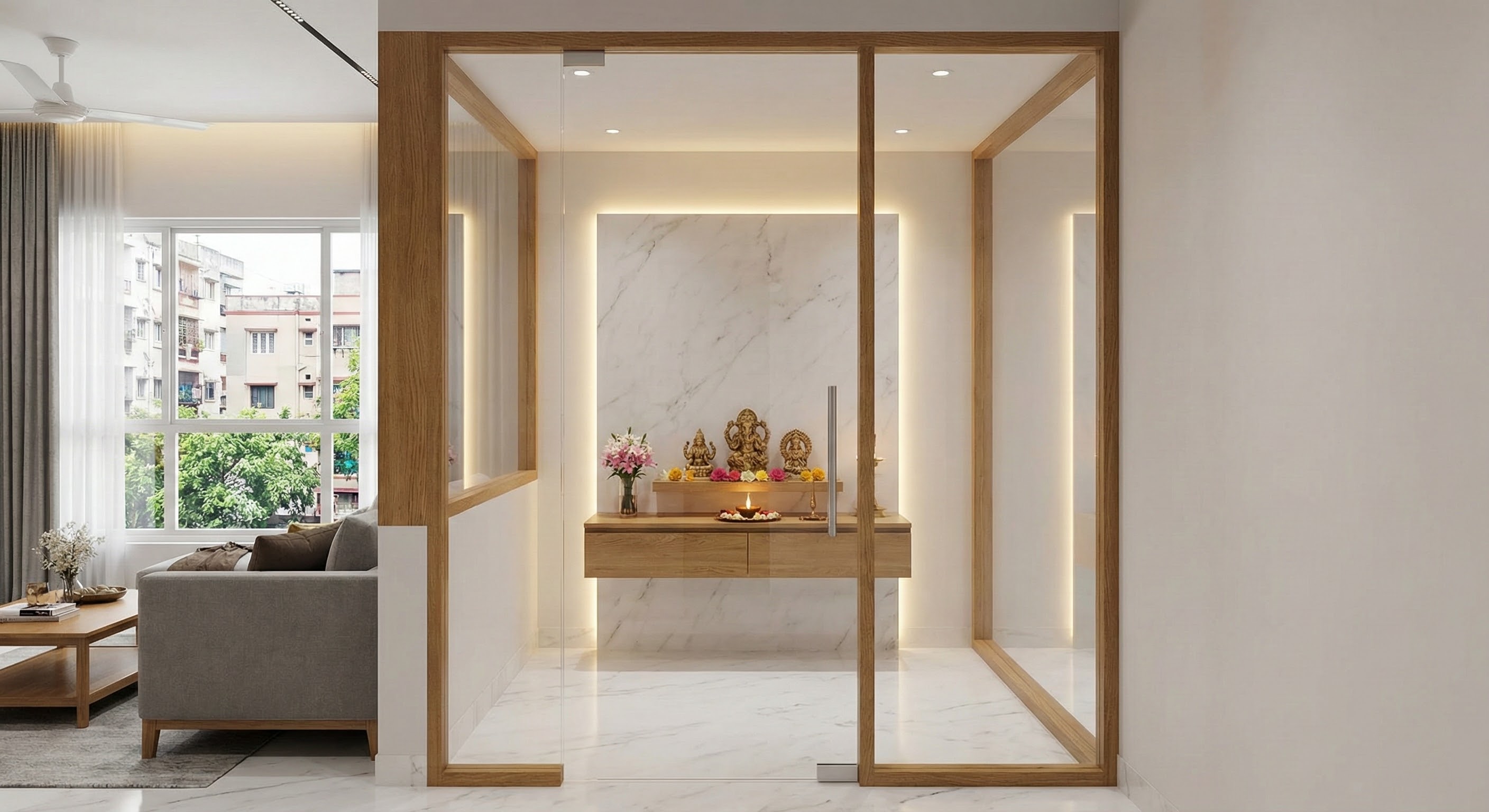 Glass enclosed puja room design for modern Kolkata homes